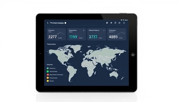 An interactive property management dashboard displayed on a tablet, showing real-time updates on rental income, maintenance requests, and tenant communications, with a map interface indicating property locations worldwide, symbolizing the convenience and control offered by remote property management services.