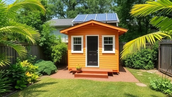 A compact backyard showcasing a completed tiny home built from one of MiniDream Dwellings' construction kits, surrounded by lush greenery and solar panels, embodying sustainable living and minimalist design.