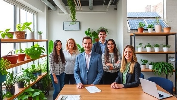An eco-friendly office setting with GreenLedger Advisors' team surrounded by plant-filled shelves, solar panels on the roof, and recycled paper stationery, embodying a commitment to sustainability and environmental consciousness in accounting practices.