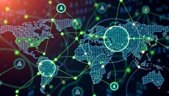 An intricate digital network visualization representing the blockchain traceability system, with data nodes connecting farm locations, distribution channels, and retail endpoints, symbolizing the transparency, security, and interconnectedness of the TraceHarvest Tech service in the food supply chain.