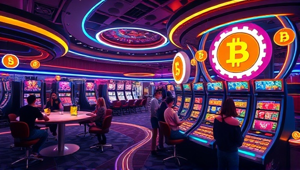 An innovative digital artwork featuring a futuristic casino environment where players interact with digital currency symbols and crypto-themed decor, conveying the cutting-edge nature of the crypto casino subscription service.