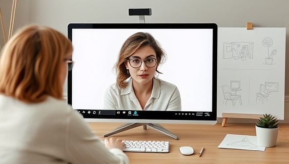 An online video call setup with a designer providing guidance on website design to a client, with a mood board and design sketches in the background, illustrating a personalized and collaborative consultation experience.