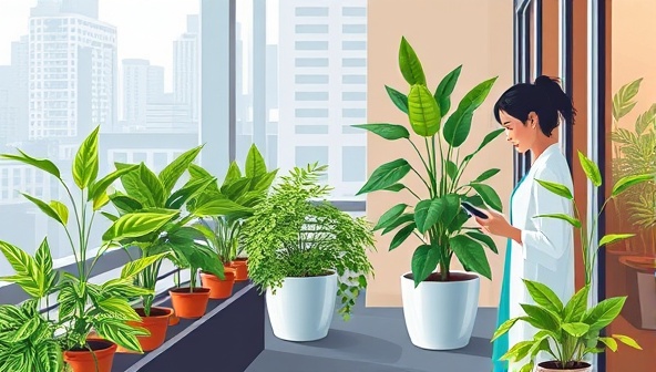 An illustration showing a sleek, modern apartment balcony filled with lush green plants growing in smart self-watering planters, with a person using a mobile app to monitor the plant health, symbolizing convenience and sustainability.