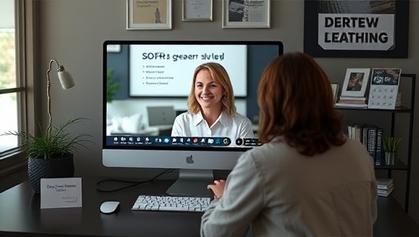 A virtual career coaching session featuring a career coach discussing job search strategies, resume tips, and interview techniques with a client via video call, surrounded by career development resources and success stories, creating a professional and supportive career advancement atmosphere.