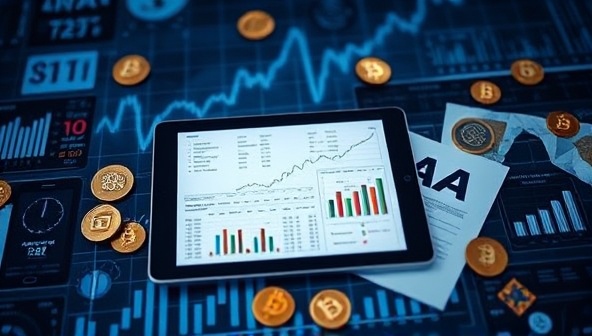 An image of a digital tablet displaying cryptocurrency charts and tax forms, surrounded by blockchain symbols and financial graphs, illustrating expertise in cryptocurrency accounting and advisory services in a digital world.