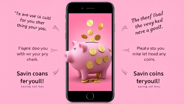An engaging and colorful mobile interface displaying a virtual piggy bank filling up with digital coins, surrounded by motivational quotes and savings goals, creating a fun and interactive saving experience.