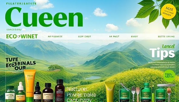 A vibrant and nature-inspired digital magazine cover design featuring green landscapes, eco-friendly products, and sustainable living tips, conveying a visually appealing and environmentally conscious brand image.