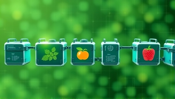 An interconnected network of blockchain blocks forming a chain, with farm produce icons embedded in each block, symbolizing the secure and transparent traceability provided by CropChain Trace platform.