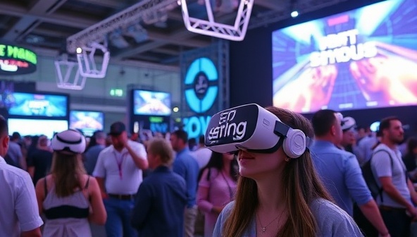 An immersive virtual reality setup at a bustling event, with participants wearing VR headsets and interacting with digital brand elements in a futuristic and captivating environment, illustrating the power of VR brand activations.