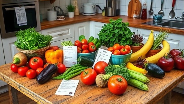 An inviting kitchen setting with a colorful array of fresh ingredients neatly arranged on a rustic wooden table, accompanied by recipe cards and cooking utensils, conveying a sense of culinary exploration and creativity.