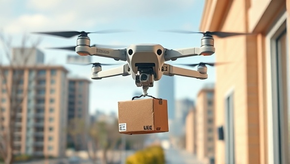 An aerial view of a delivery drone gracefully dropping off a package at a customer's front door, with a cityscape in the background, symbolizing efficiency, innovation, and modern logistics.