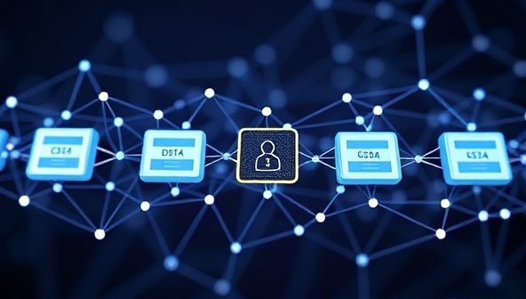 A blockchain network visualization representing the decentralized and transparent nature of credential verification, with encrypted credential data blocks linked together in a secure and immutable chain, symbolizing trust, security, and authenticity in credential verification processes.