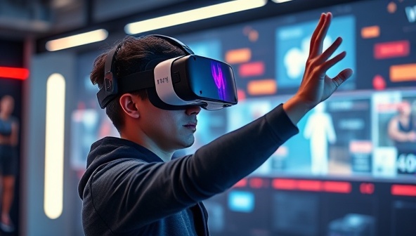 An individual immersed in a virtual reality workout environment, wearing a VR headset and interacting with digital fitness challenges, illustrating the futuristic and immersive nature of the VRFit Fusion platform.