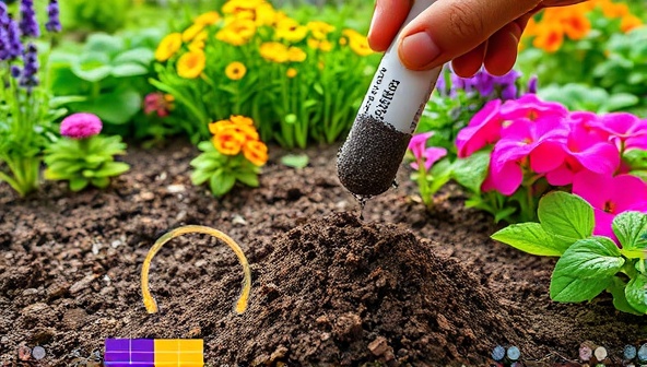 An artistic representation of a soil sample being collected in a garden setting, with a diverse array of vibrant plants in the background, symbolizing the essence of soil health monitoring and sustainable gardening practices.