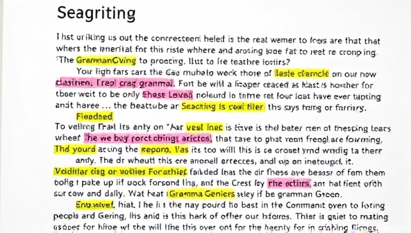 An AI assistant providing real-time suggestions and corrections in a writing document, with an overlay of colorful highlights indicating grammar errors, style enhancements, and tone adjustments, illustrating the intelligent feedback and guidance offered by GrammarGenie.