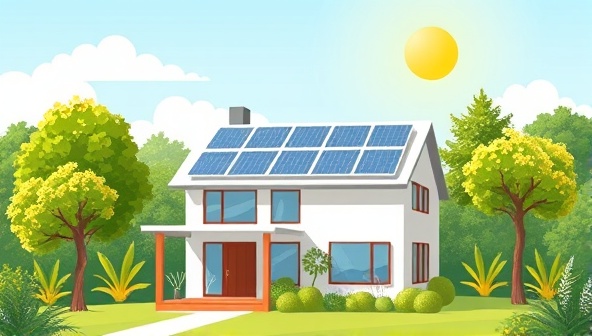 An illustration of a modern home with solar panels on the roof, surrounded by lush greenery, under a bright sun, symbolizing eco-friendly living and sustainable energy practices.