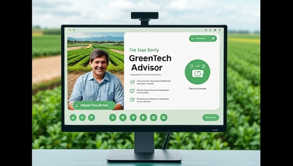 A digital consultation session featuring a virtual meeting between a GreenTech Advisor and a farmer, discussing sustainable farming strategies and technology solutions on a computer screen, with agricultural landscapes and green fields in the background, symbolizing growth and innovation in agriculture.