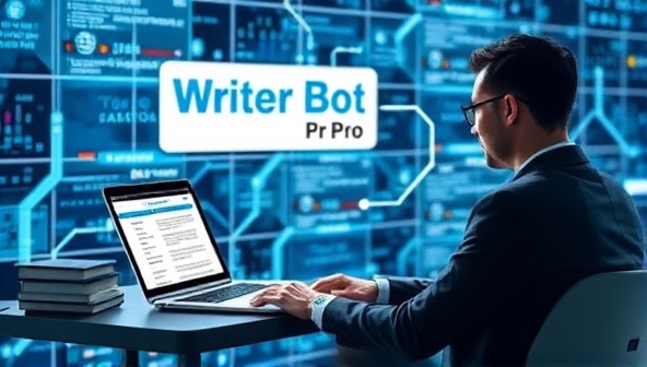 An image of a writer utilizing the WriterBot Pro platform to generate SEO-optimized content, with AI-driven tools suggesting keywords, headlines, and content structures, set against a digital background symbolizing innovation and efficiency in content creation.