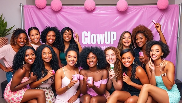 A captivating visual representation of the GlowUp Ambassadors program, showcasing a group of diverse individuals posing with beauty products, creating content for social media, and engaging with the brand's community in a lively and inclusive atmosphere, embodying the spirit of beauty empowerment and representation.