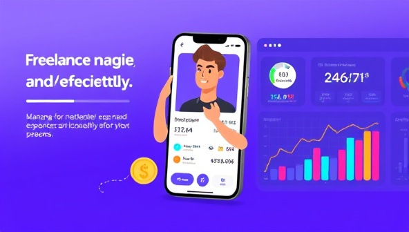 An animated app interface screenshot displaying a freelancer managing expenses and income effortlessly, with colorful graphs and charts representing financial data in a visually appealing and user-friendly format, illustrating the convenience of FreelanceFinTrack.