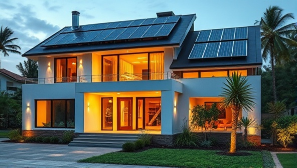 A futuristic home exterior design featuring solar panels, smart lighting, and greenery integration, symbolizing sustainability and modern living.