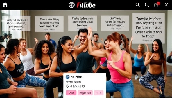 A dynamic social media graphic featuring a diverse group of individuals exercising together virtually in a group setting, with motivational quotes, progress trackers, and virtual high fives exchanged between participants, conveying a sense of unity, support, and shared achievement within the FitTribe community.