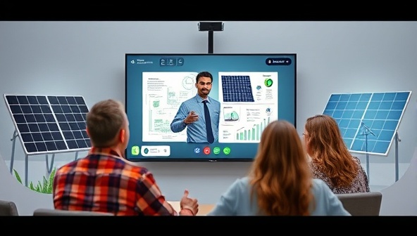 A virtual consultation scene showcasing a solar energy expert presenting solar panel designs and energy savings projections to a diverse group of clients via video call, with solar panels and renewable energy illustrations in the background, emphasizing the transition to clean energy solutions.