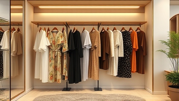 An elegant and chic wardrobe display showcasing a variety of sustainable fashion pieces available for rent, with a virtual fitting room concept where users can virtually try on different outfits and accessories, creating a stylish and eco-conscious fashion experience.