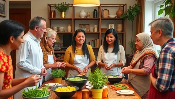 An inviting home environment with a diverse group of individuals from different cultures engaged in activities like cooking, sharing stories, and learning from each other, symbolizing the spirit of cultural exchange and mutual understanding.