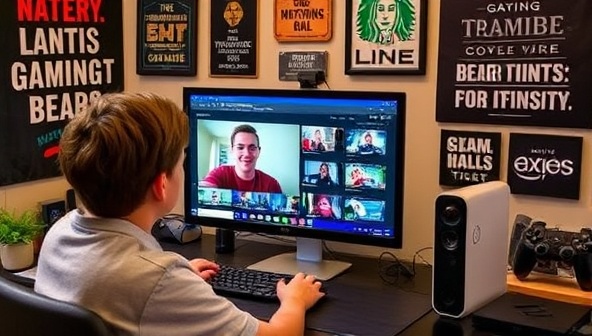 An inspiring image of a teenager receiving mentorship from a gaming industry expert, with a virtual mentorship session displayed on a computer screen, surrounded by gaming memorabilia and inspirational quotes, showcasing the supportive and educational environment of LevelUp Teens.