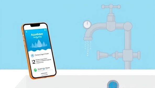 An illustration showing a smartphone displaying the AquaSaver Insights app with water droplets and conservation tips, alongside a faucet with a digital water meter, conveying the concept of smart water management and conservation.