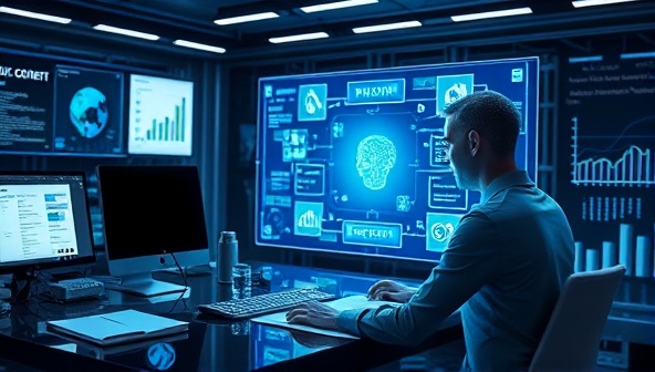 A futuristic workspace with a human writer collaborating with an AI interface on a holographic screen, surrounded by digital content drafts and analytics visuals, symbolizing the blend of human creativity and AI technology.