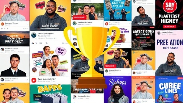 A dynamic and colorful social media feed showcasing various contest posts with high engagement, overlaid with a trophy icon symbolizing success and achievement through social media contests.