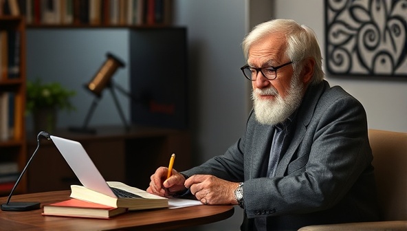 An online masterclass session featuring a renowned author leading a writing workshop, sharing insights on storytelling techniques, engaging with participants through Q&A sessions, and providing personalized feedback, creating a dynamic and educational experience at Wordsmith Academy.