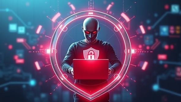 A futuristic digital shield surrounding personal devices and online accounts, symbolizing the virtual protection and security offered by ShieldGuardian to safeguard users from identity theft and online threats.