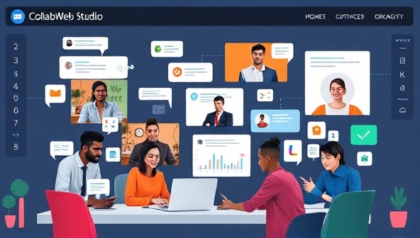 An engaging visual representation of a diverse team of designers collaborating remotely through the CollabWeb Studio platform, with virtual chat bubbles, design elements, and project timelines displayed in a dynamic and interactive interface, showcasing the seamless teamwork and creativity fostered by the platform.