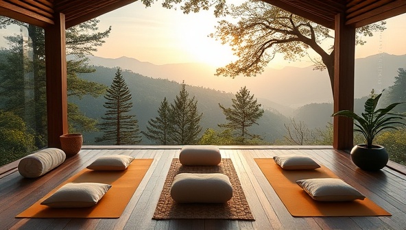 An immersive virtual retreat setting showcasing tranquil nature scenes, calming music, yoga mats, meditation cushions, and digital workshops on mindfulness and self-care practices, inviting participants to unwind and recharge in a serene online sanctuary.
