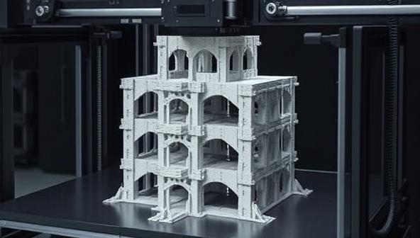 An artistic visualization of a 3D printer creating a complex concrete structure with precision and intricacy, showcasing the technology's potential for innovative architectural designs and construction methods.