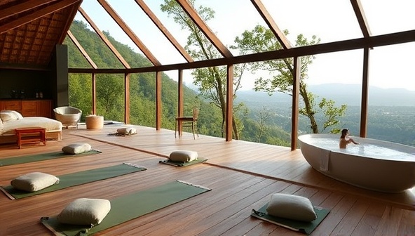An idyllic wellness retreat setting with serene nature views, yoga mats, meditation cushions, and a tranquil spa area, inviting travelers to embark on a journey of relaxation, self-care, and inner peace.