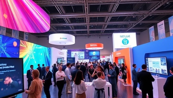 An engaging virtual event scene with vibrant digital displays, interactive booths, and a diverse audience participating in a virtual conference, illustrating the dynamic and immersive nature of VirtualVision Events.