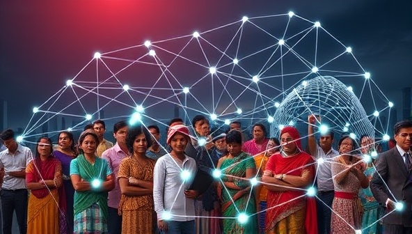An impactful visual showcasing a diverse group of micro-entrepreneurs and lenders connected through a digital blockchain network, symbolizing financial empowerment and community support in underserved regions, capturing the essence of inclusive finance.
