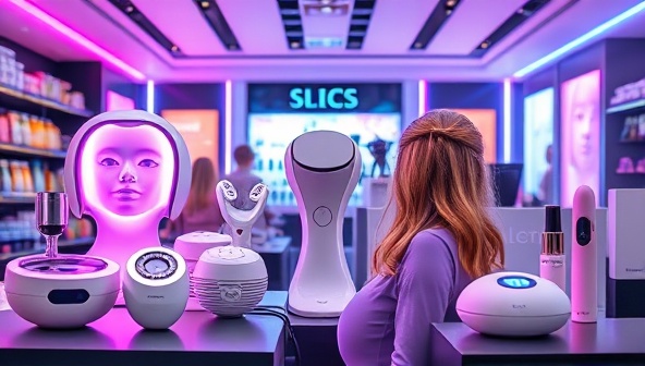 An array of sleek and futuristic beauty tech devices, including LED skincare masks, high-tech hair styling tools, and smart beauty gadgets, arranged in a modern and vibrant online marketplace setting, symbolizing innovation and sophistication in beauty technology.