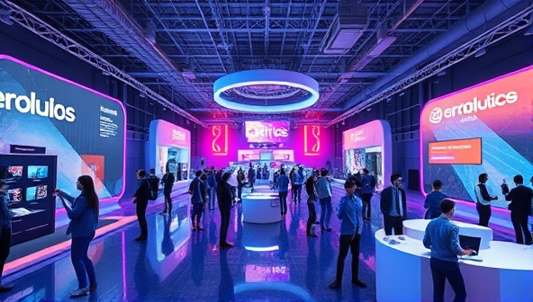 An artistic representation of a virtual event space with digital avatars interacting in a virtual world, showcasing a futuristic and immersive event experience, complete with virtual booths, networking lounges, and engaging presentations.