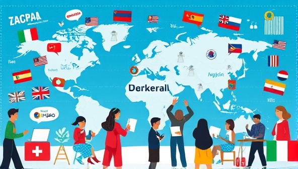 A vibrant digital illustration showcasing a global virtual language exchange hub with avatars engaging in language conversations, cultural activities, and virtual travels, surrounded by language flags, world maps, and digital language resources, fostering a dynamic and interactive language learning environment in LingoLink.