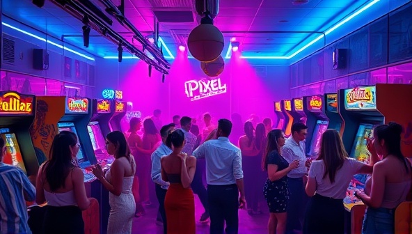 A vibrant and neon-lit arcade nightclub scene with guests dancing, playing arcade games, and enjoying retro cocktails, capturing the lively and nostalgic ambiance of PixelPlay Club's Retro Arcade Nightclubs.