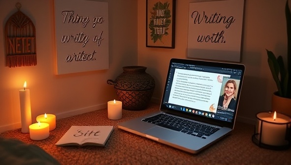 A serene and inspiring virtual retreat setting with a cozy writing nook, flickering candles, motivational quotes, and a laptop displaying a writing session led by a mentor, creating a tranquil and focused atmosphere for writers participating in the virtual retreat experience.