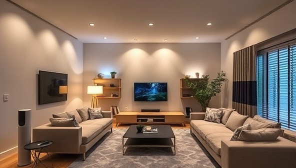 A modern living room with integrated smart home devices such as voice-controlled speakers, smart lighting systems, and automated blinds, illustrating the convenience and futuristic appeal of smart home technology.