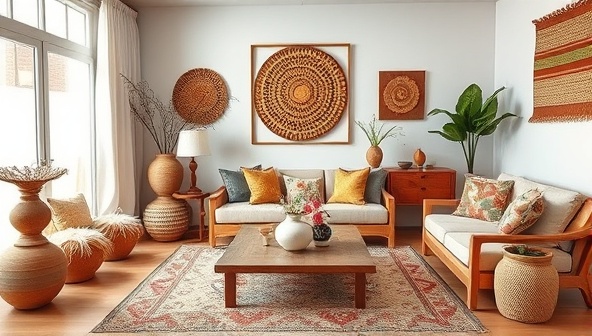 A beautifully styled living room featuring artisanal home decor items like handcrafted vases, unique wall art, and woven textiles, creating a cozy and curated space.