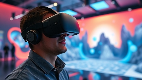 An individual wearing a VR headset exploring a visually stunning virtual web design showcase environment, depicting the immersive and interactive nature of VR presentations.