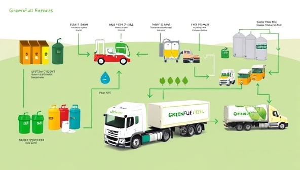 An illustration depicting the process of converting used cooking oil into biofuel, with images of collection bins, refining equipment, and delivery trucks transporting the clean biofuel to various industries, showcasing the eco-friendly cycle of GreenFuel Renew's initiative.